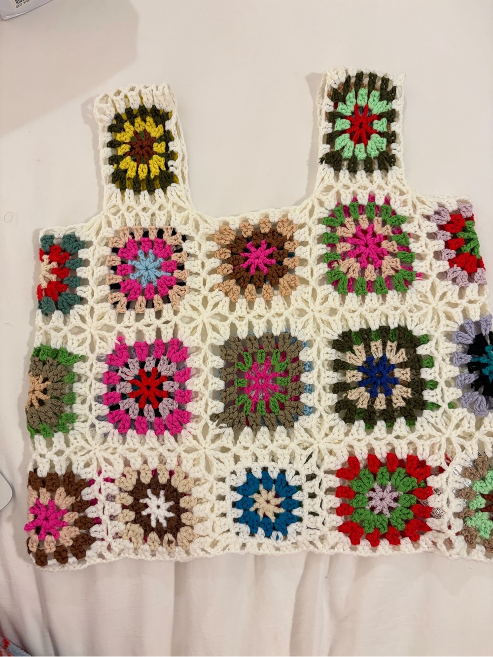Handmade Crochet Square Crop Top - White with Multicolor Accents